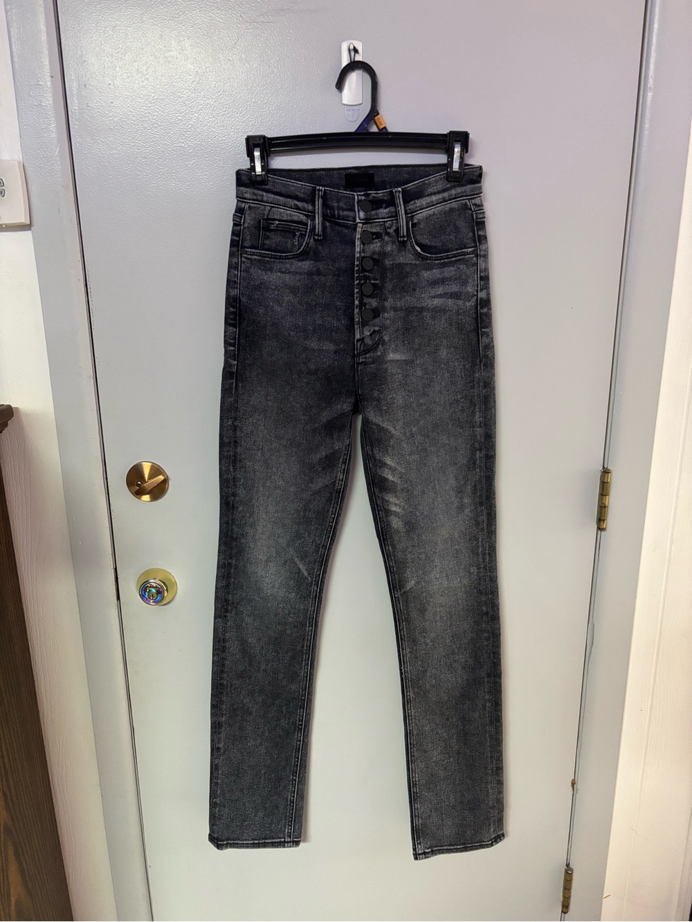 MOTHER "The Pixie Dazzler Skimp" Tran Stops Button-Fly Washed Black Jeans